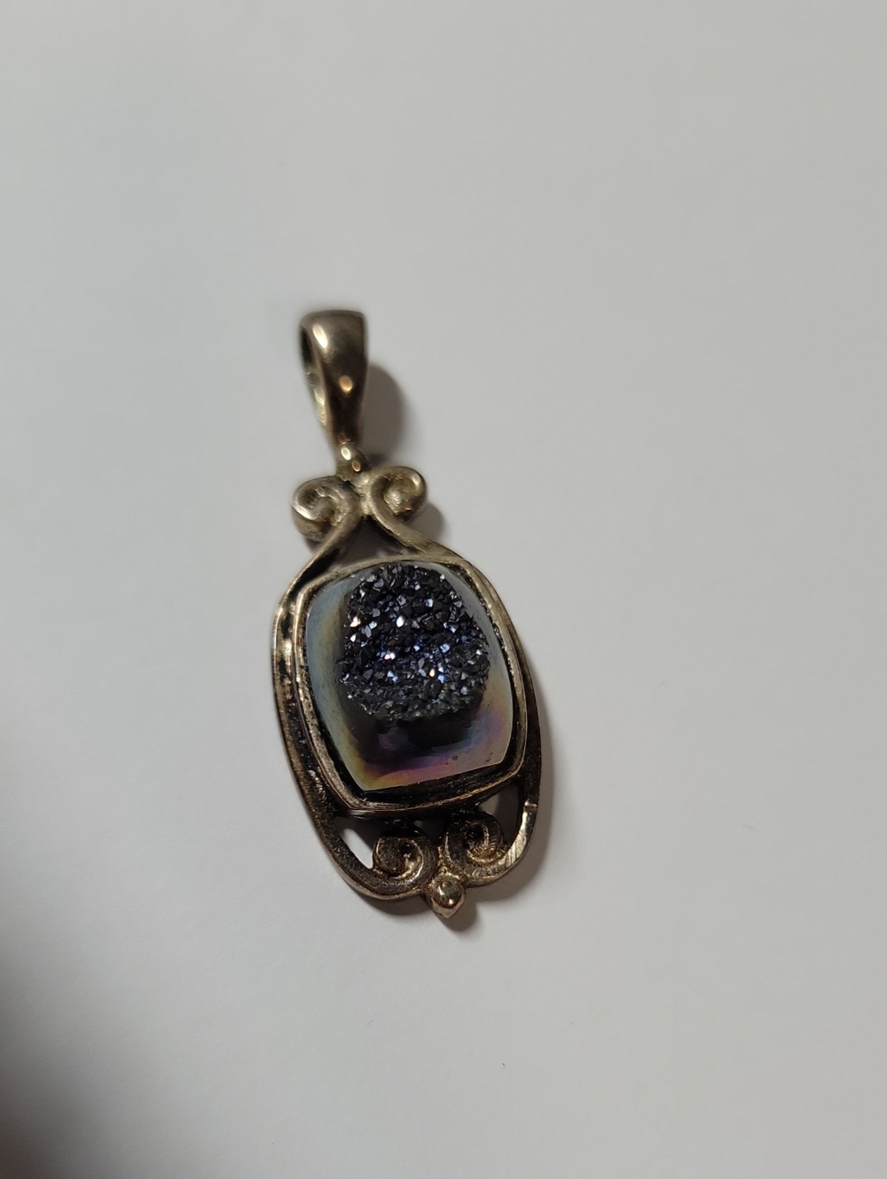Silver Druzy Pendant Necklace in Iridescent Blue-Black